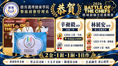 德育餐旅學子揚威檳城國際廚藝賽　勇奪2金1銀1銅1佳作